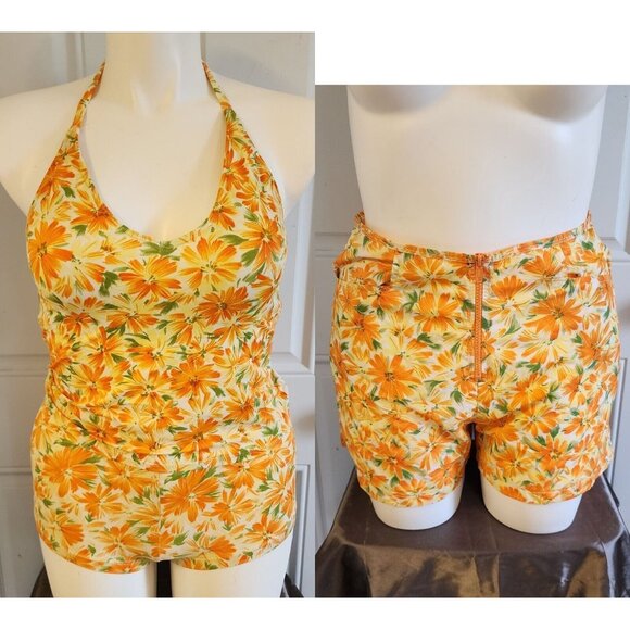 Catalina Other - Vtg Catalina 3-Piece Swimsuit Cropped Tank High Waisted Bottoms Coverup Shorts L